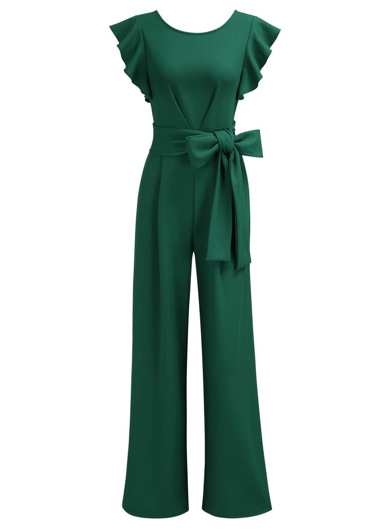 Knitee Women's Vintage Sleeveless Ruffle High Waist Wide Leg Romper Formal Long Jumpsuit with Belt (A-Dark Green, Medium) - Image 5